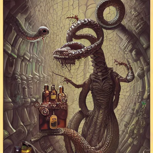 Image similar to a grinning anthropomorphic snake selling bottles of medicine, fantasy, steampunk, dave mckean, hr giger, peter mohrbacher, wayne barlowe