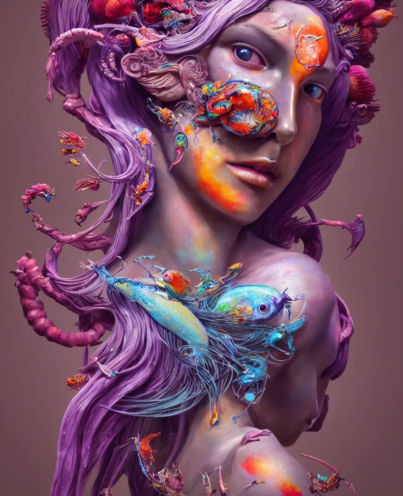 Image similar to goddess full color painted acryllic sculpture close-up portrait. orchid bird phoenix head, nautilus, skull, betta fish, bioluminiscent creatures, intricate artwork by Tooth Wu and wlop and beeple. octane render, trending on artstation, greg rutkowski very coherent symmetrical artwork. cinematic, hyper realism, high detail, octane render, 8k