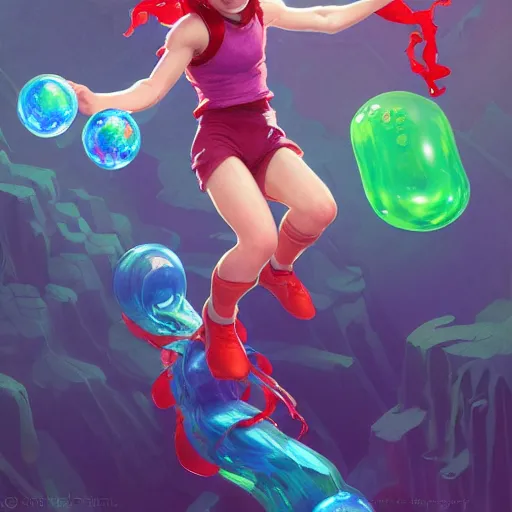 Image similar to madeline from celeste jumping to a green jelly bubble, ( ( ( blue bubble jacket ) ) ) ( ( ( red long hair ) ) ), highly detailed, digital painting, artstation, concept art, sharp focus, illustration, art by greg rutkowski and alphonse mucha