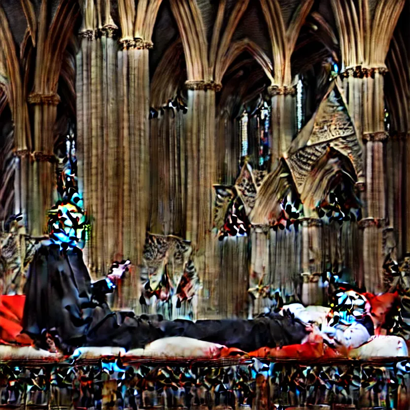 Prompt: a portrait of man sitting in a bed, screaming. the bed is inside a gothic cathedral. under the bed is a hideous laughing demon dressed as a catholic priest. digital art, hyperrealistic, nightmare, terrifying, supernatural, highly detailed, creepy