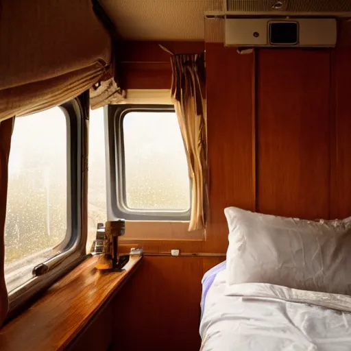 Image similar to bonobo inside of a train compartment room sitting on bed, rainy window, night, soft lighting