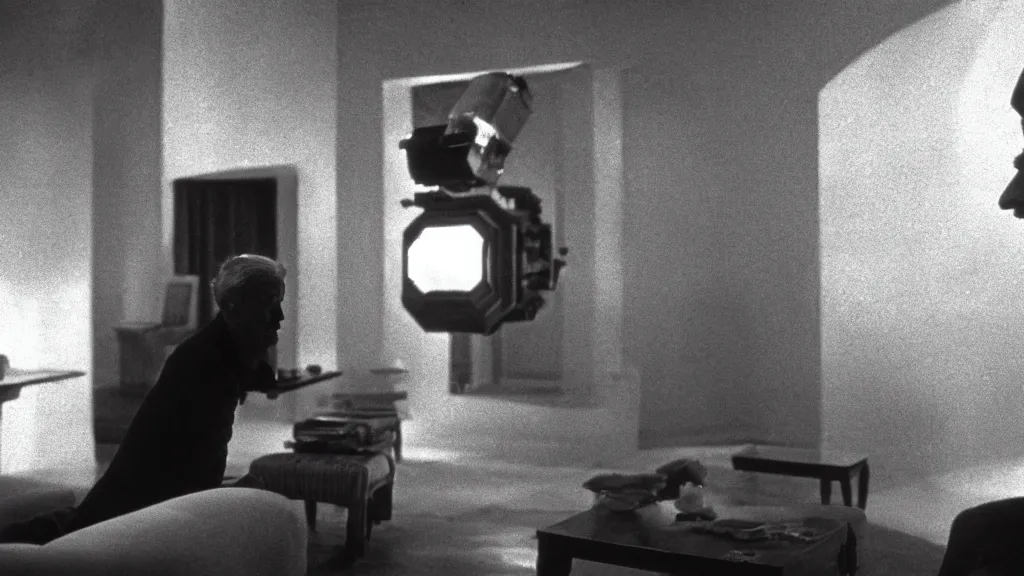 Image similar to an mri image of james cavell in the living room, film still from the movie directed by denis villeneuve with art direction by salvador dali, wide lens