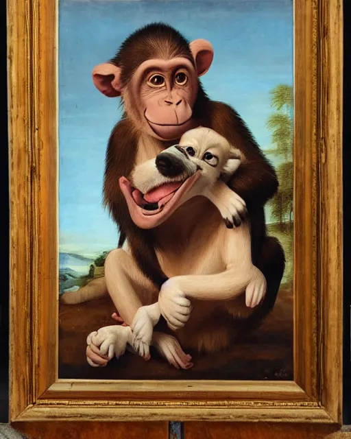 Image similar to goofy monkey and his goofy dog, cross eyed, high detail realistic renaissance portrait painting