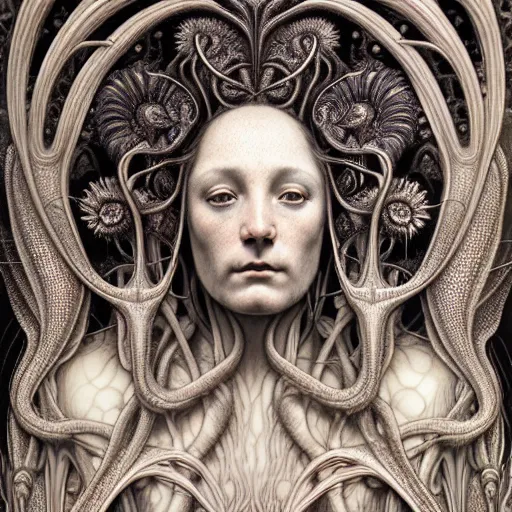 Image similar to detailed realistic beautiful calaveras goddess portrait by jean delville, gustave dore, iris van herpen and marco mazzoni, art forms of nature by ernst haeckel, art nouveau, symbolist, visionary, gothic, neo - gothic, pre - raphaelite, fractal lace, intricate alien botanicals, biodiversity, surreality, hyperdetailed ultrasharp octane render