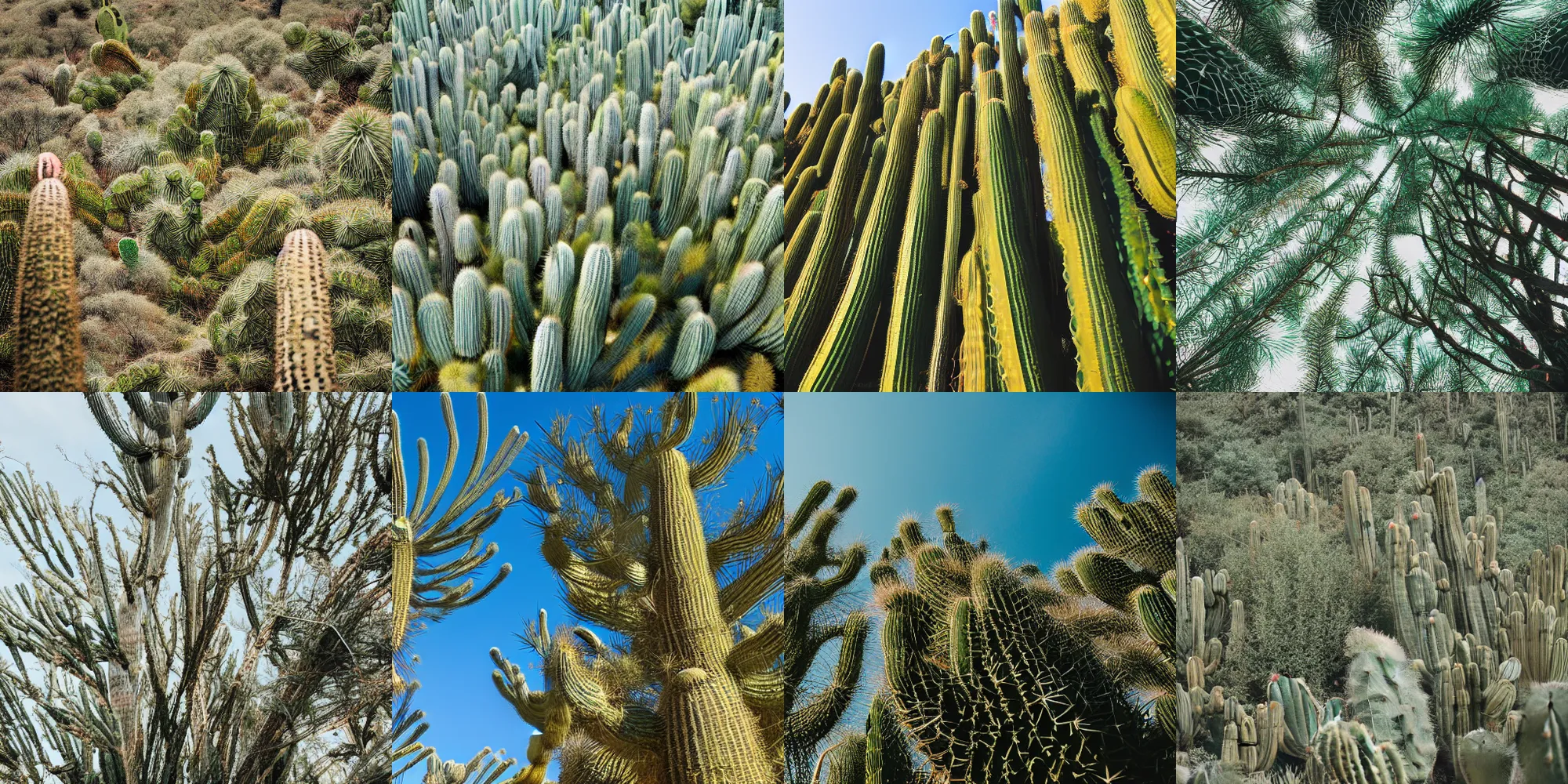 Prompt: low-angle photo of cactus pine trees