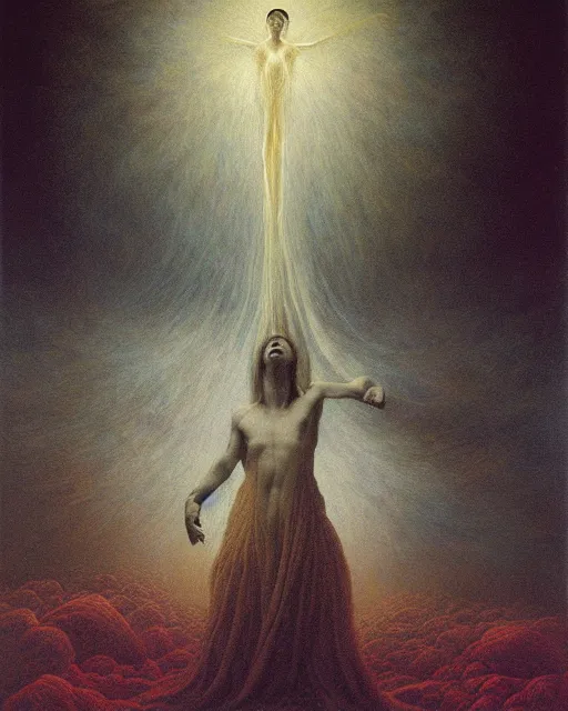 Prompt: etheric transfiguration, beautiful oil painting by Agostino Arrivabene and Zdzisław Beksiński,