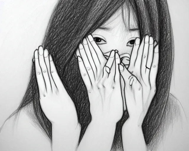 Image similar to a drawing of a woman covering her face with her hands, a sketch by kim eung - hwan, trending on pixiv, context art, pencil sketch, high detail, kinetic