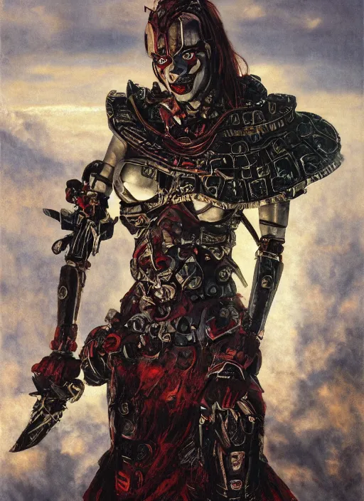 Prompt: portrait of a diabolical cyborg clown warrior girl, torn cape, adaptive armor, dynamic pose, heavy eyes to the side, ancient ruins, glowing veins subsurface scattering, in clouds, sunset, portrait, by gerald brom, by mikhail vrubel, by peter elson, muted colors, extreme detail, reflections, trending on artstation, 8 k