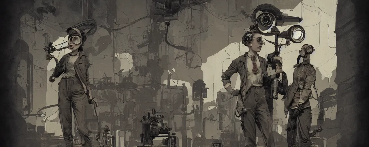 Image similar to duotone sepia background vintage illustration 3 / 4 portrait of stoic heroic butch blonde woman engineer with short slicked - back hair, wearing victorian goggles, awkward and uncomfortable and anxious, dynamic composition by sachin teng and sergey kolesov and ron cobb. graffiti art, scifi, fantasy, hyper detailed. octane render. concept art. trending on artstation