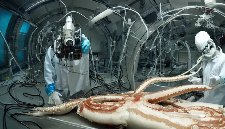 Prompt: Big budget horror movie set in an undersea biolab about a cyborg doing an autopsy on a giant squid's nervous system