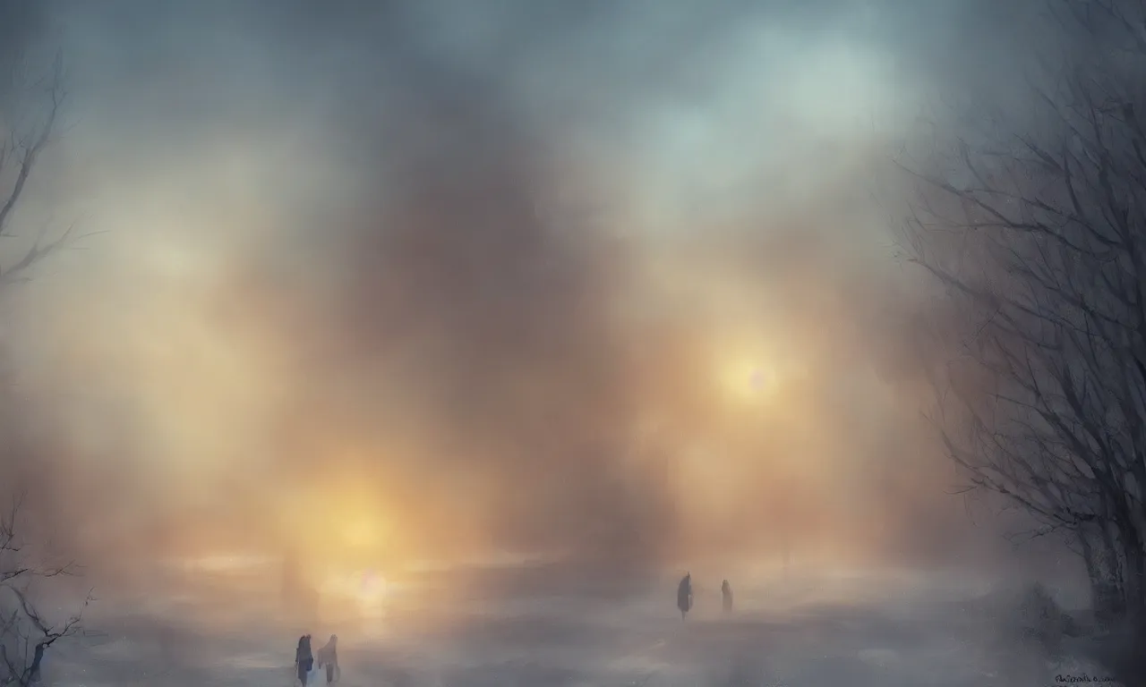 Prompt: a concept of Bucharest sunset in winter in the style of Charlie Bowater with mist, Charlie Bowater