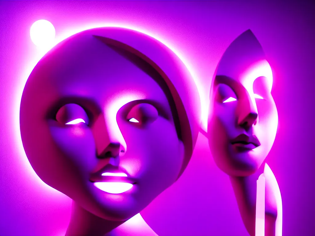 Image similar to beautiful mannequin sculpted out of amethyst by billelis + lit with 3 d geometric neon + facing a doorway opening with neon pink geometric fractal light + city of los angeles + moon in background!, rule of thirds, clean linework, dramatic, award winning, 4 k, trending on artstation, photorealistic, volumetric lighting, octane render