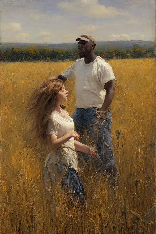 Image similar to Solomon Joseph Solomon and Richard Schmid and Jeremy Lipking painting full length portrait painting of a young woman in the hayfield