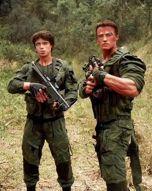 Image similar to photoshoot of commando versus rambo. young arnold schwarzenegger as matrix from the movie commando and young sylvester stallone as rambo, photoshoot in the style of annie leibovitz,