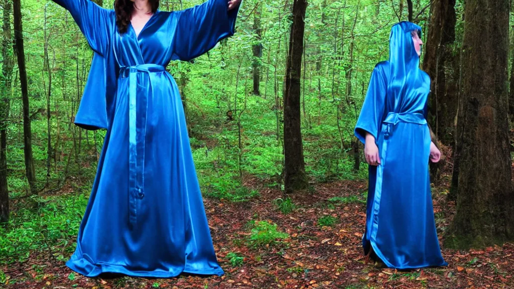 Image similar to beautiful sorceress, blue silky robe, long shot, mystical forest, in the style of davegore