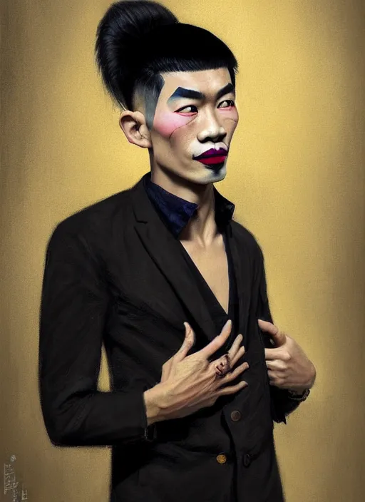 Prompt: portrait of a thai man with a crooked nose and a confident expression, 1 9 6 0 s, black clothes, goth, punk, brightly coloured hair, funk, intricate, elegant, highly detailed, digital painting, artstation, concept art, smooth, sharp focus, illustration, art by wlop, mars ravelo and greg rutkowski