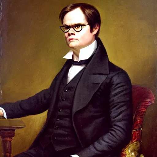 Image similar to portrait of dwight schrute wearing a tuxedo and smirking, as painted by augustus edwin mulready