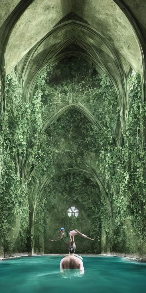 Prompt: a man swims laps in a dark green pool. photo inside underground geometric sandstone gothic vaults. daylight streams in from sky between arched ribs. architectural photography. 4 k, 8 k. volumetric lighting. dark, somber, moody lighting, deep shadows. ivy and many plants hanging from ceiling, weathered concrete. corona render