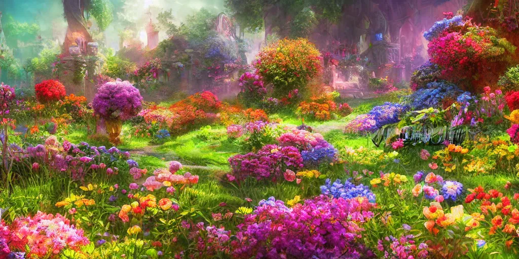 Image similar to beautiful fantasy flower garden, saturated, detailed lighting, high quality, sharp focus, intricate, digital painting, artstation, 4k