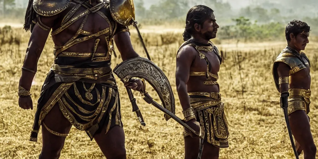 Prompt: sri lankan spartan warrior. holding bow. wearing intricate breastplate. on a battlefield. award winning. cinematic still. sharp focus. cinematic lighting.