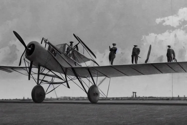 Image similar to still photo of the wright brothers taking off an airplane for the first time, black and white color photograph, highly detailed, photorealistic shot, bright studio setting, studio lighting, crisp quality and light reflections, unreal engine 5 quality render