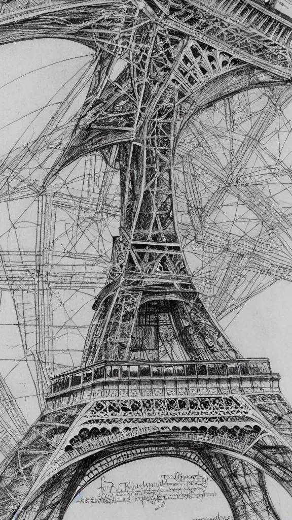 Prompt: architectural design studies of Eiffel Tower, schematics, notes, different closeup view, drawn by Leonardo da Vinci, chinese inkpen draw, artistic, intricated details