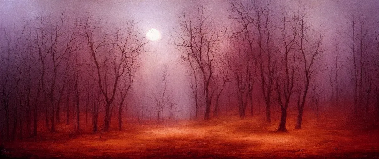 Image similar to old small village in a mystical forest, oil painting, beksinski, red sky, misty, atmospheric, eerie, horror, 8 k, high details