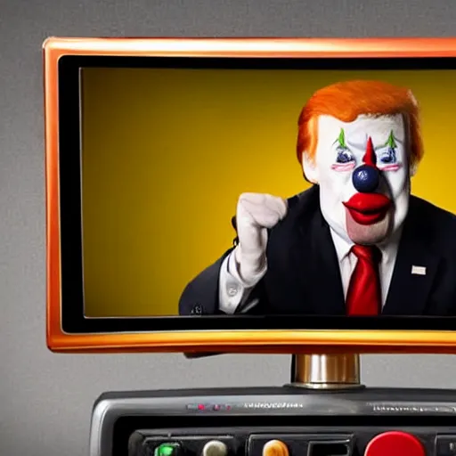 Prompt: photo of a television with a president with clown face giving a speech