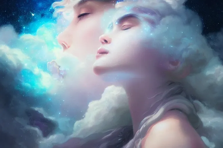 Image similar to a beautiful portrait of a female goddess surrounded by fluffy clouds with closed eyes, galaxy theme colors, galaxy theme colors, ultra realistic digital art by Greg Rutkowski and Raymond Swanland, Trending on Artstation, ultra realistic digital art, ultra realistic digital art