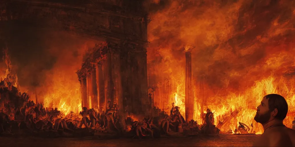 Image similar to Painting of Emperor Nero watching the great fire of rome, abstract, realism, 8k, detailed, terror, octane render, 3d render, complex emotion, glow