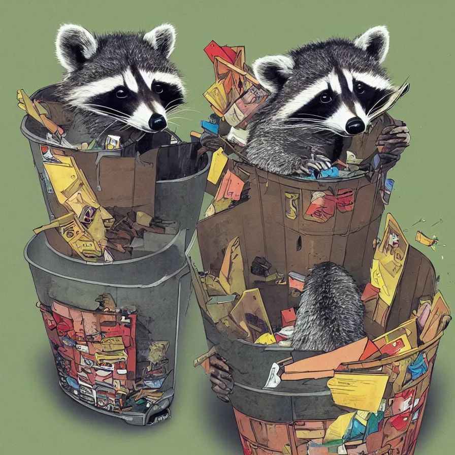 Prompt: album art, a raccoon stuck in a trash can, omni magazine