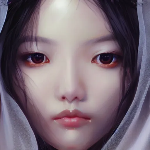 Prompt: Asian girl, watery black eyes, long wavy black hair, white veil, front closeup, highly detailed, centered, oil painting, artstation, concept art by Artgerm