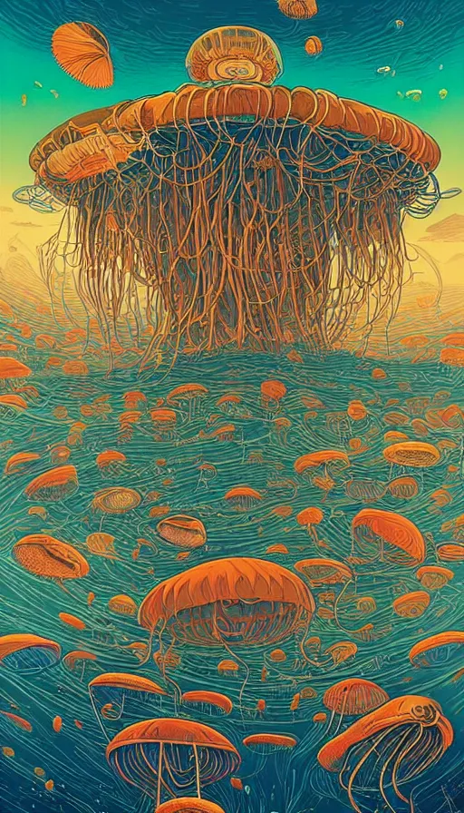 Prompt: The land of the jellyfish, italian futurism, Dan Mumford, da vinci, Josan Gonzalez