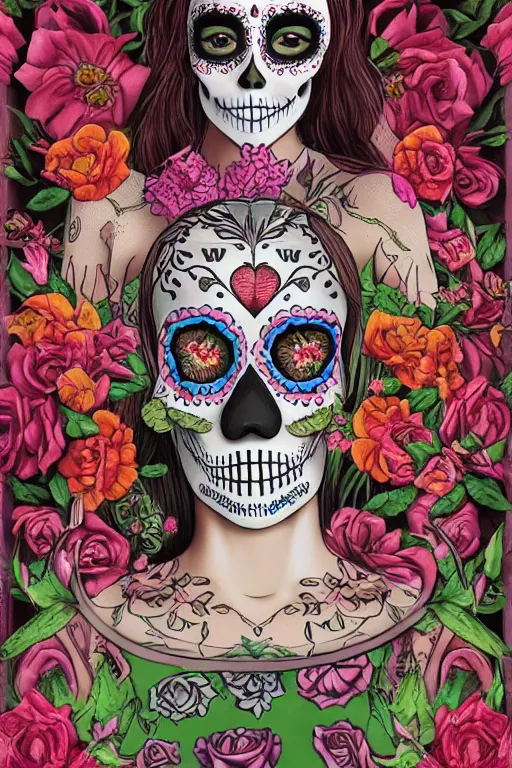 Prompt: Illustration of a sugar skull day of the dead girl, art by gregory crewdson
