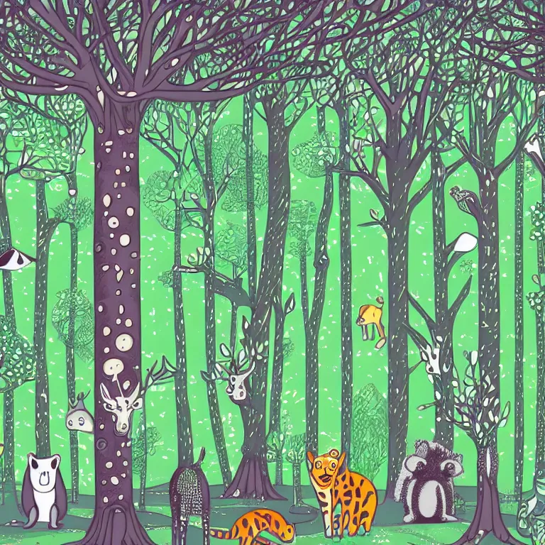 Image similar to illustration of a futuristic forest with different animals behind the trees, highly detailed, by Malika Fayre