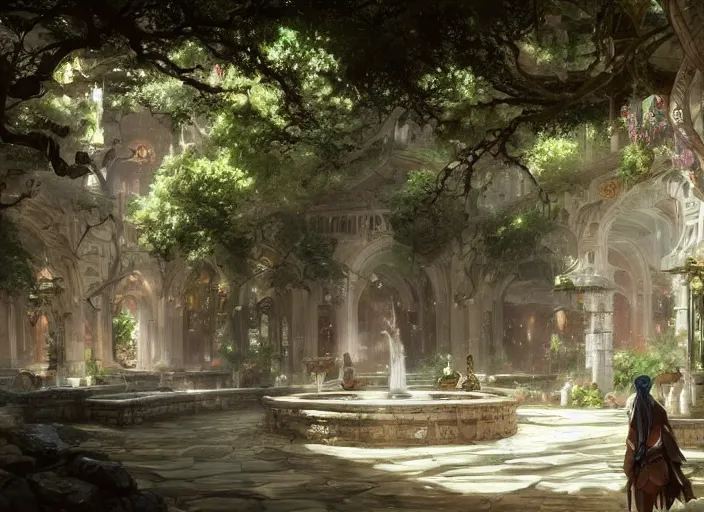 Image similar to A tavern inside a beautiful elven city made of white marble, anime, lush trees, fountain, a fantasy digital painting by Greg Rutkowski and James Gurney, trending on Artstation, highly detailed