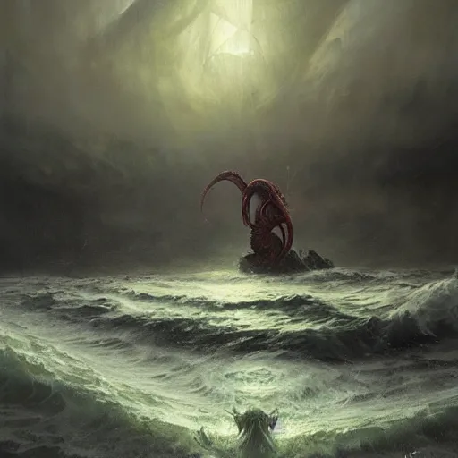 Prompt: old Cthulhu god in the storm surrounded by ships, Greg Rutkowski, horror,