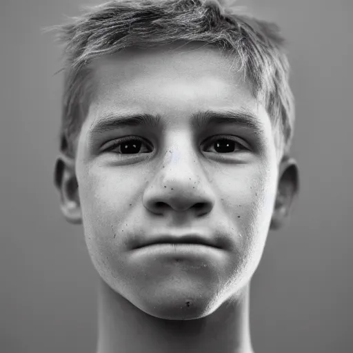 Image similar to portrait of a teenage boy's face with empty slots where eyes should be