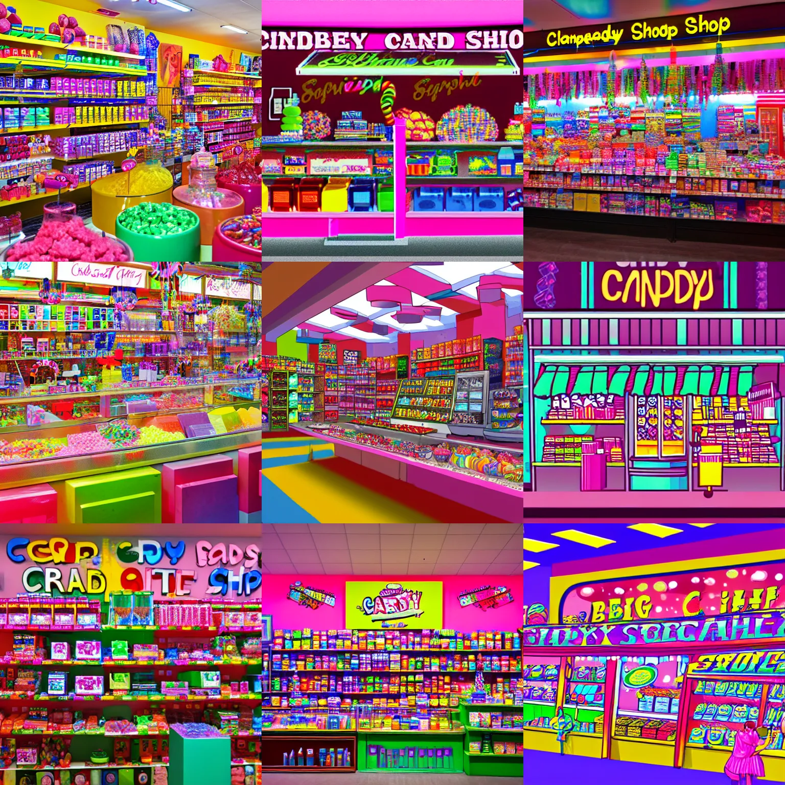 Prompt: big candy shop in a ciberpunk city