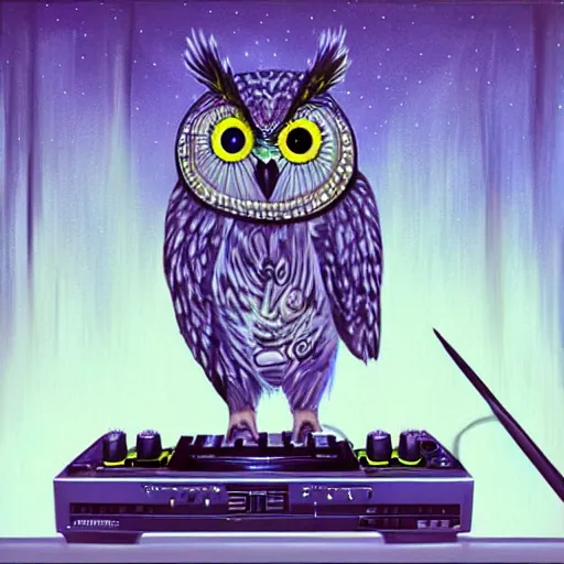 Prompt: an owl dj making techno music, artistic, cartoon, oil painting, futuristic, dramatic, very detailed, trending on artstation, surreal