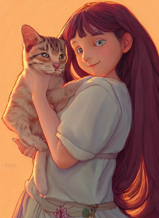 Image similar to well - lit art nouveau portrait of a 1 3 - year old girl playing with a kitten at sunset, natural lighting, path traced, highly detailed, high quality, cartoon, digital painting, by don bluth and ross tran and studio ghibli