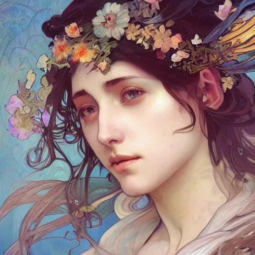 Image similar to a beautiful painting of a beautiful angel by ross tran!! and alphonse mucha and greg rutkowski! and gustav dore! and artgerm!!, in style of digital art illustration. symmetry. highly detailed face. fantasy, smooth, hyper detailed, sharp focus, soft light. trending on artstation. 4 k