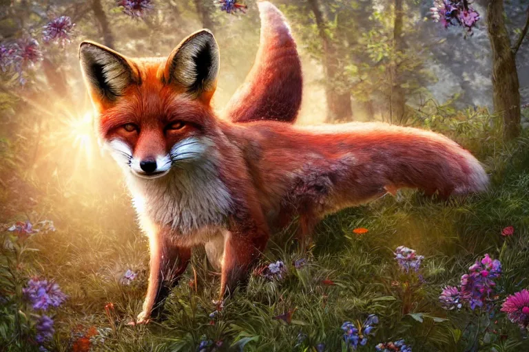 Prompt: a wide angle shot of a beautiful fox in the forest covered in flowers, sunlight beaming down, highly detailed brush style, soft fur, two pointed ears, thick fluffy tail, beautiful lighting, wildlife, digital art, trending on ArtStation