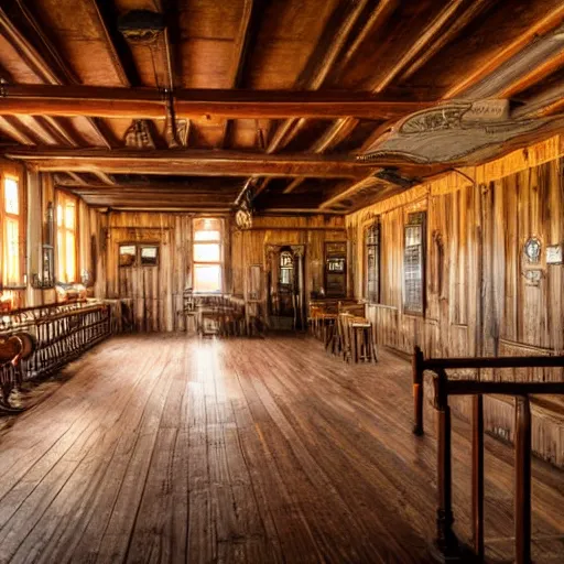 Image similar to Empty Old West Saloon at the break of day, dust particles in the air, god beams coming through the windows, hyper realistic, HD, DLSR Camera, Rococo style, Grand Piano, Staircase