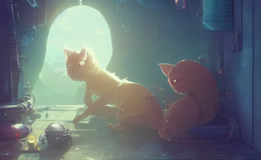 Image similar to an alien cat sleeping in a alleyway in a space opera utopian studio ghibli animated film, global illumination, beautiful composition, volumetric lighting, octane render by artgerm, loish, alena aenami, highly detailed