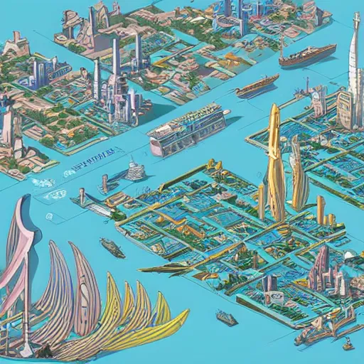 Prompt: a detailed map of a technologically advanced city in an island surrounded by water with a few futuristic ships stationed around it. Art Nouveau, isometric, aerial illustration