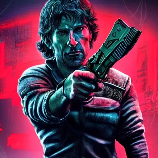 Image similar to todd howard with a pistol, forcing you to buy skyrim, threatening, sharp, cinematic, colorful, digital art, neon, bright, cyberpunk, blade runner 2 0 4 9, realism, bold