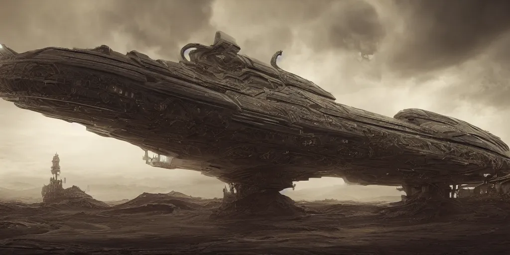 Image similar to a large ominous and geometric very ornate and detailed spaceship, lots of shapes intertwined very large and long floating over a barren dry land with an epic cloud formation on the background by James Paick,very detailed, octane render, 8k, scary and brooding, scary and dark, canon 24mm lens