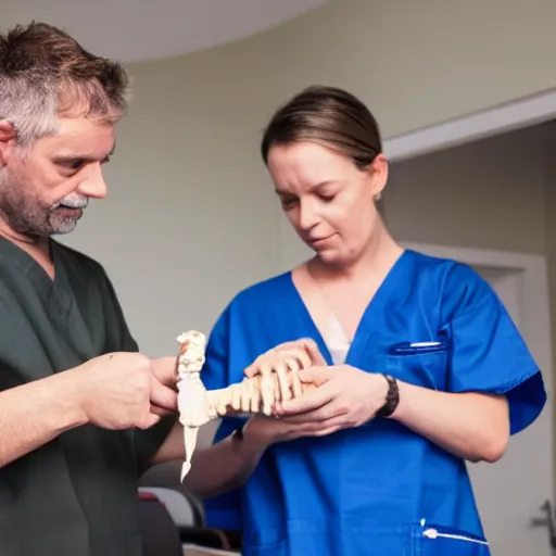 Prompt: a surgeon giving his dog a bone during an operation