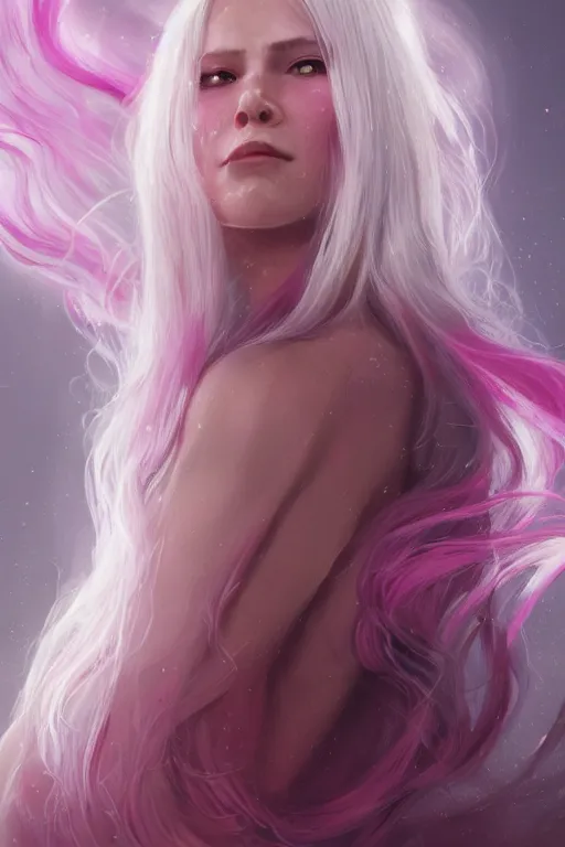 Image similar to a fancy portrait a happy and beautiful women with long white hair and deep pink eye colour by greg rutkowski, sung choi, mitchell mohrhauser, maciej kuciara, johnson ting, maxim verehin, peter konig, 8 k photorealistic, cinematic lighting, hd, high details, dramatic, atmosphereric, trending on artstation